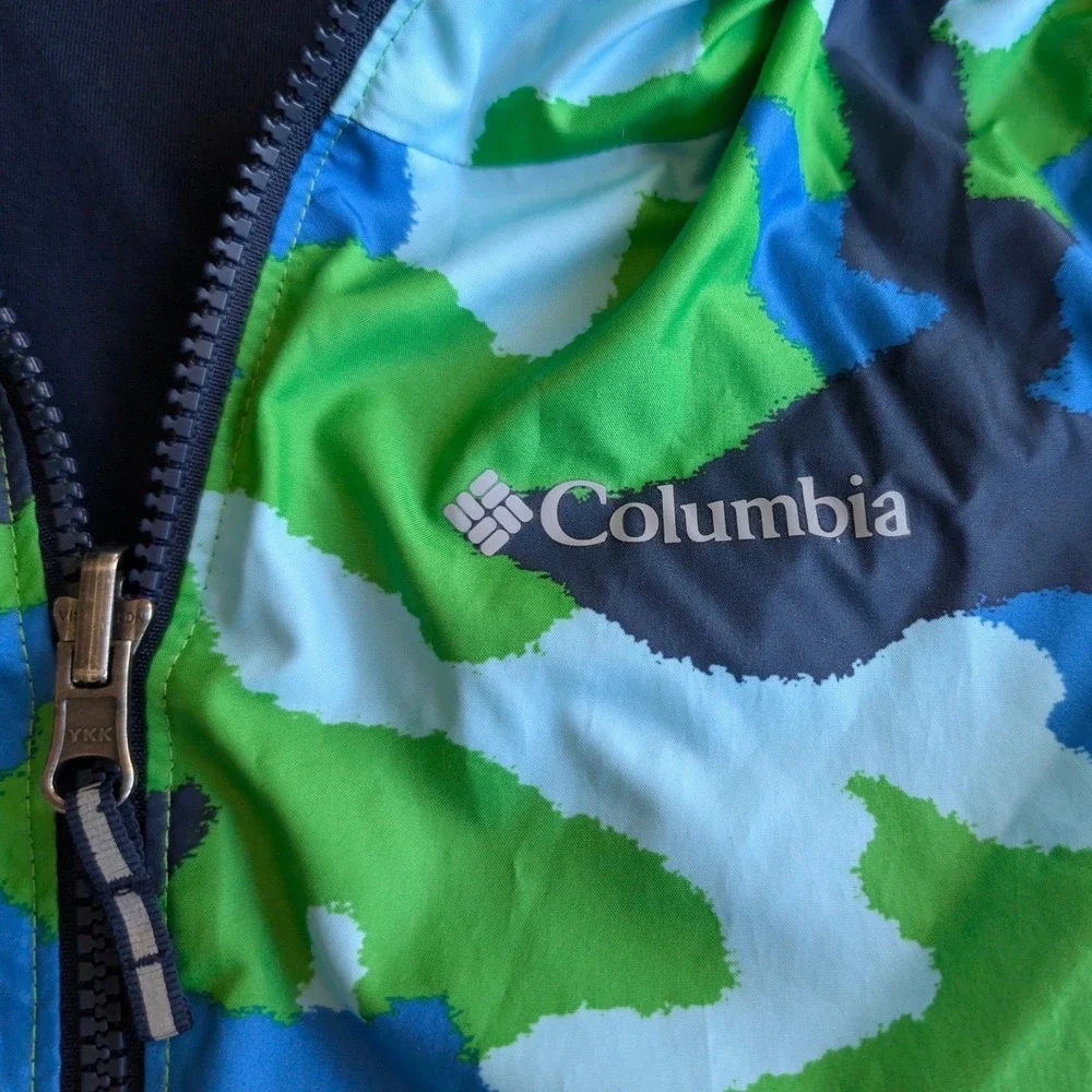Columbia Reversible Hooded Windbreaker Jacket Boys Medium 10/12 Green Blue Camo
